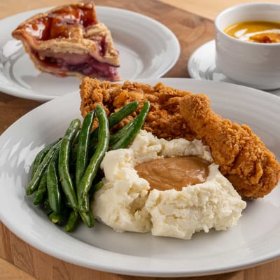 Dinner plate of fried chicken, mashed potatoes, and green beans, along with a plate of pie and a bowl of soup. 