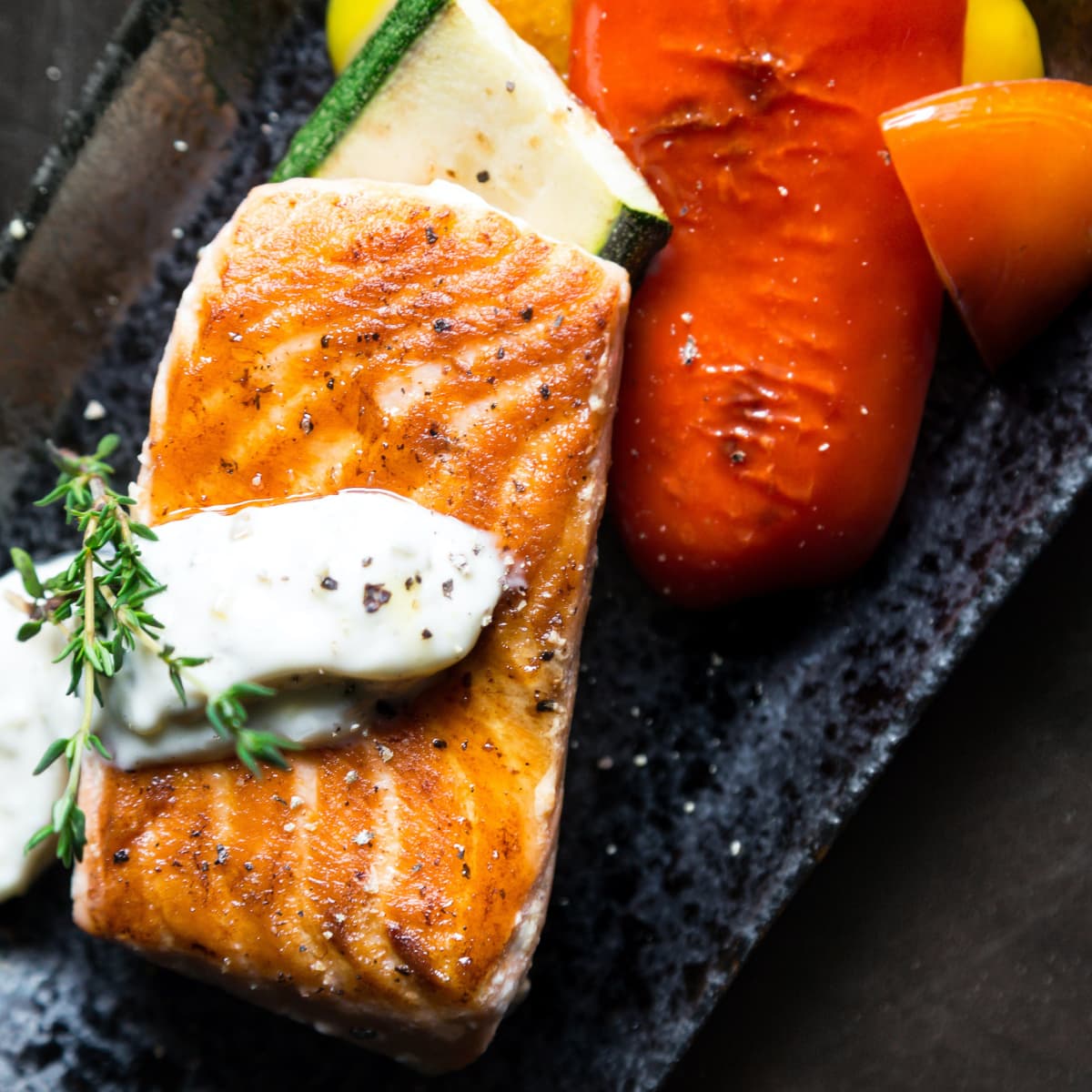 Plate of freshly cooked salmon.