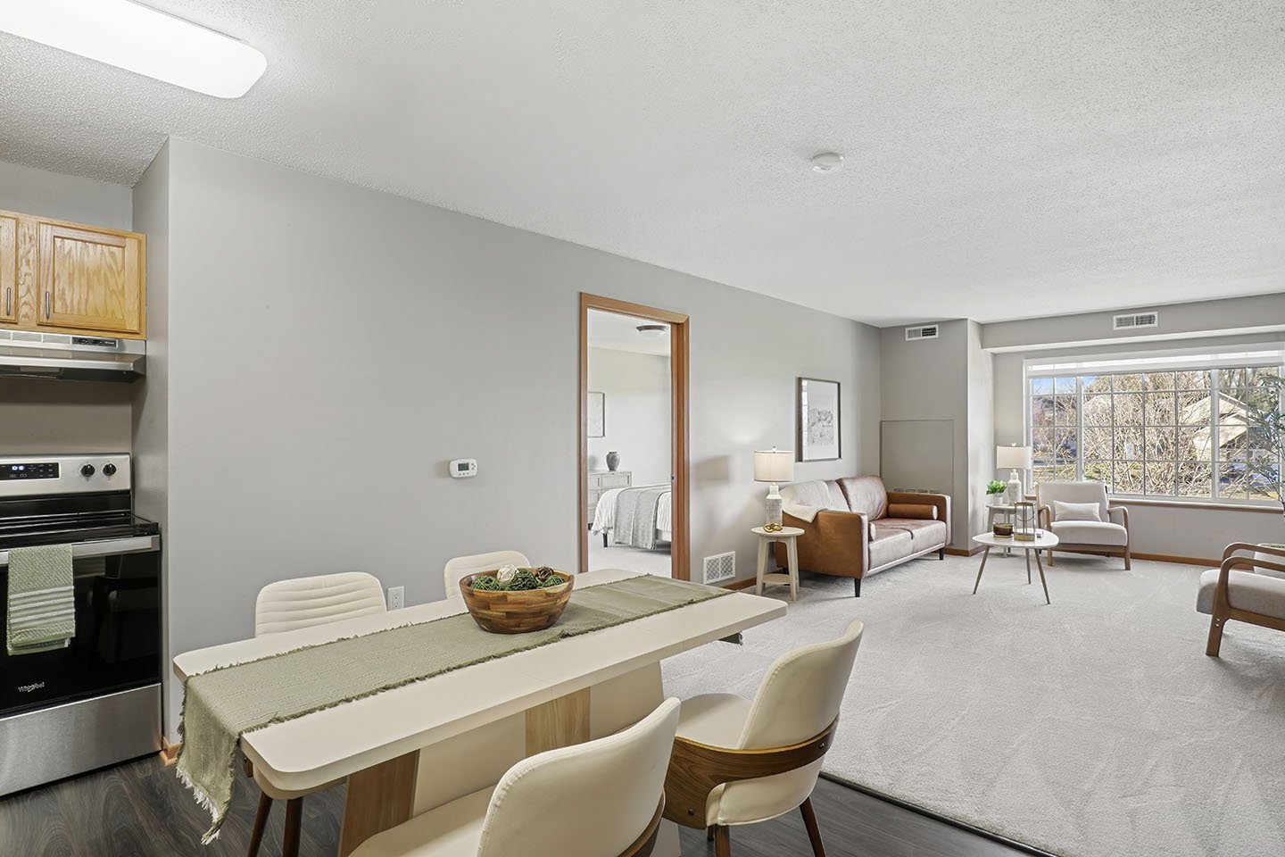 Living and dining room of the Swan apartment