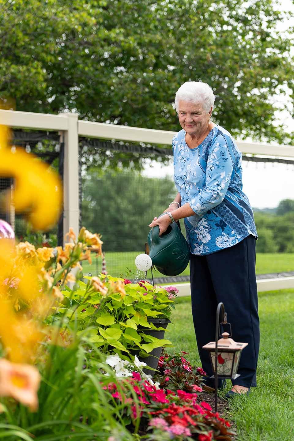 A senior is standing watering flowers in a garden.