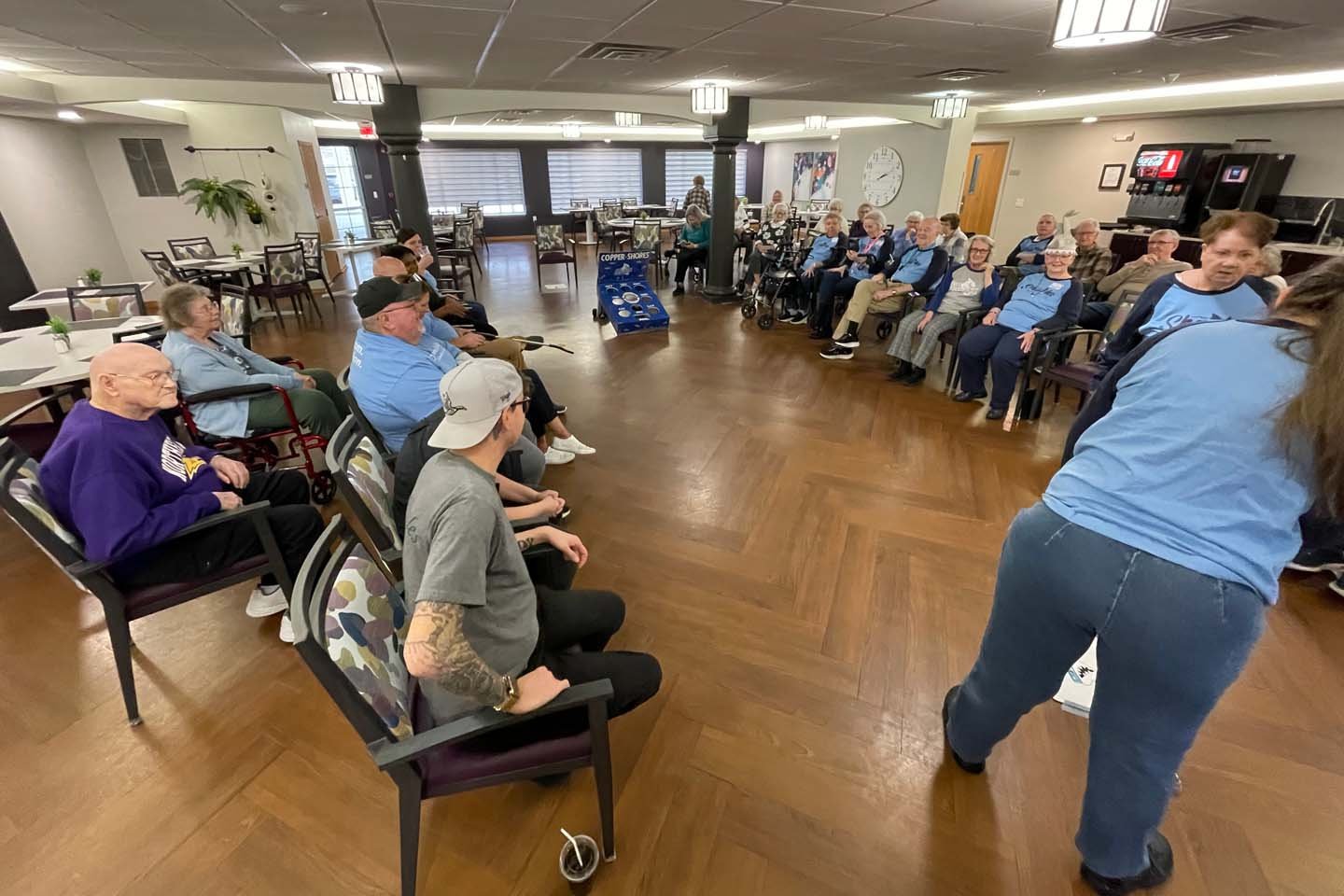 After many scrimmages with Resident Sharks in Bean Bag Baseball, Copper Shores Staff, finally took the trophy.