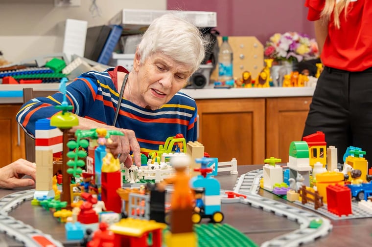 Lakeside memory care residents take part in Brain Fitness Building Blocks Program, also known as Immanuel’s therapeutic LEGO® program.