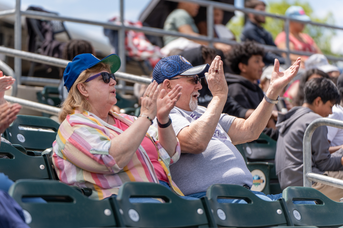 Senior couple cheer at a baseball game.
