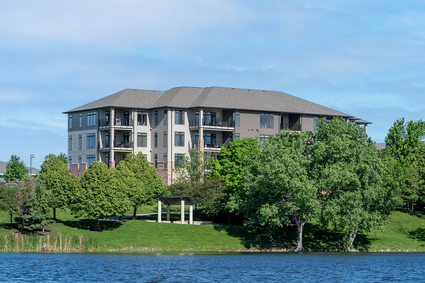 A view of Lakeside Lofts from across the lake.